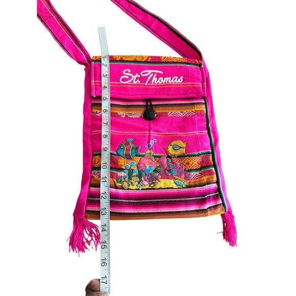 St. Thomas Pink Woven Crossbody Bag Embroidered Fish Design & Fringe Accents - Picture 7 of 9